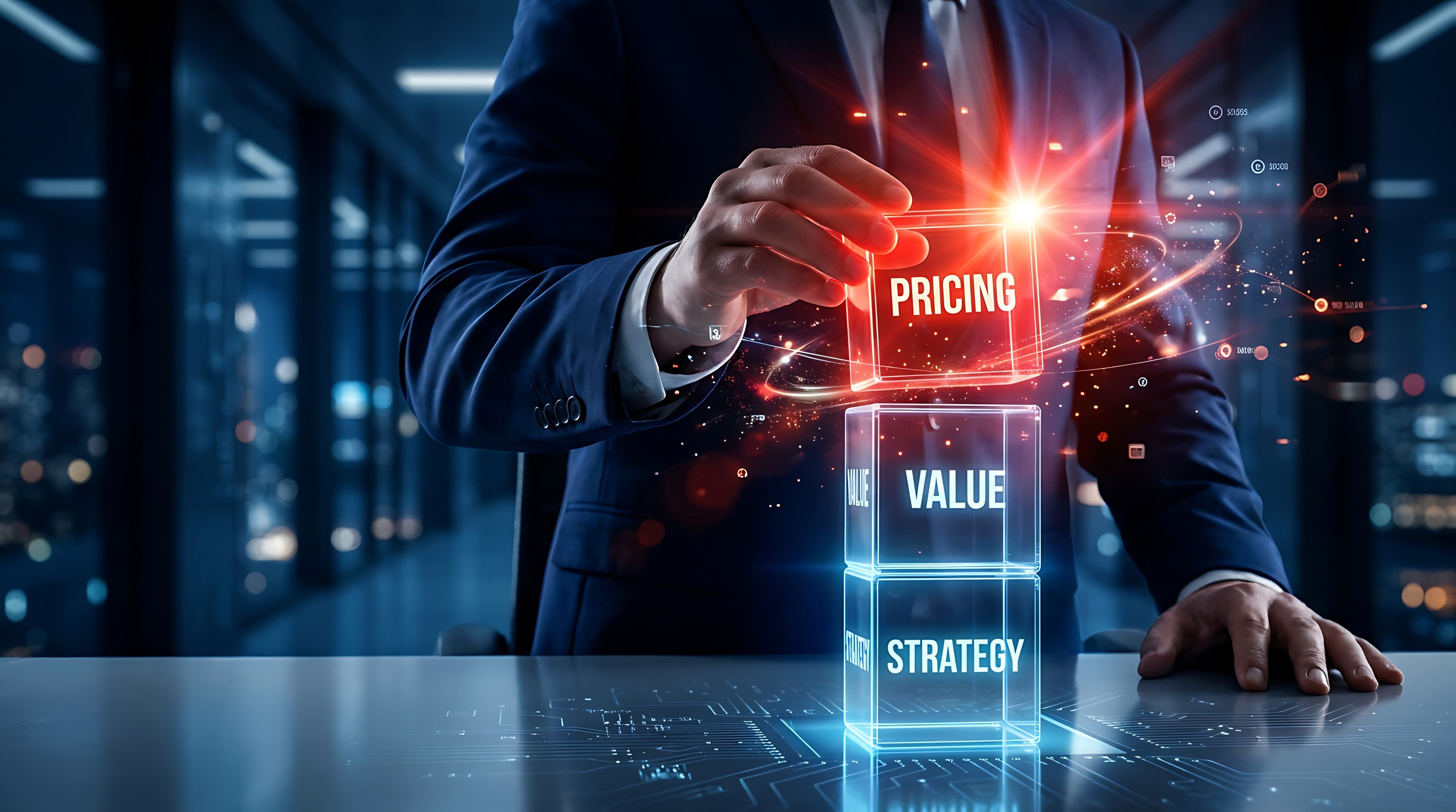 Executive placing a Pricing block on top of Value and Strategy blocks in a digital data center environment