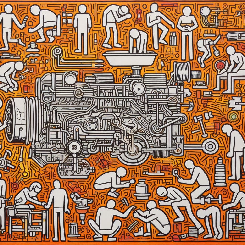 An orange pop-art illustration of figures working around a large machine