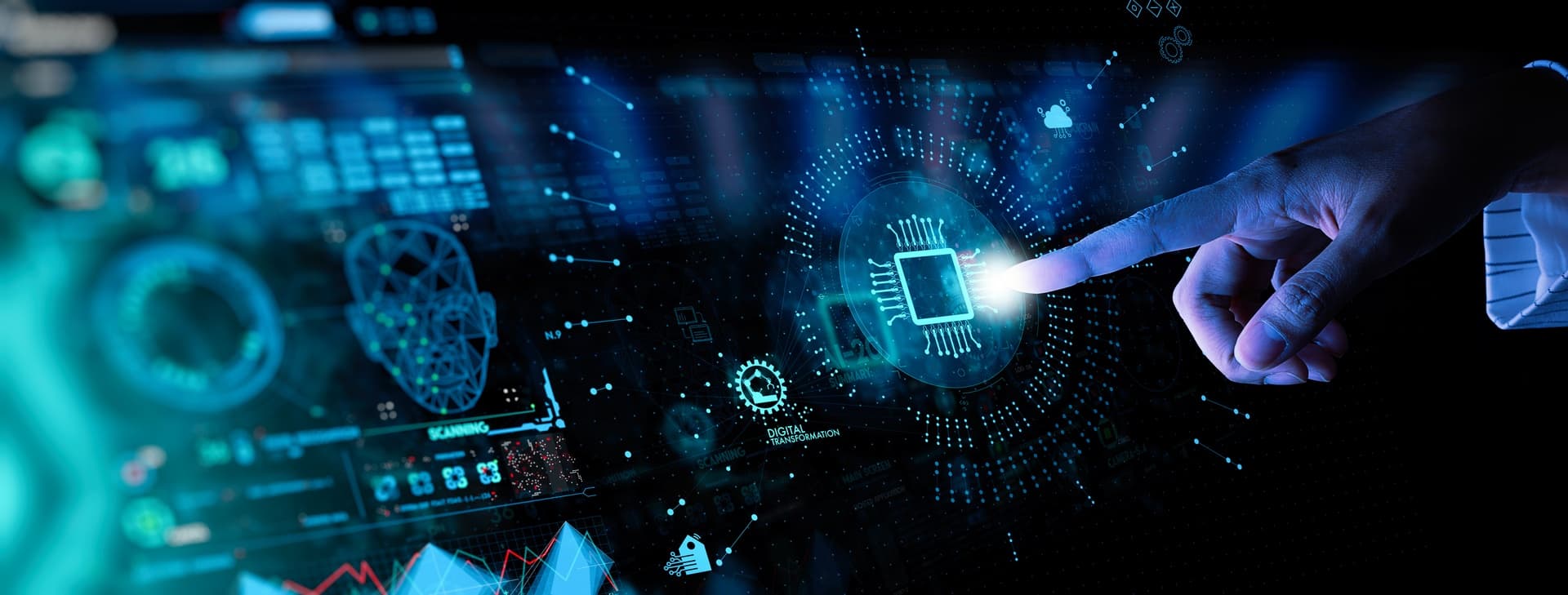 A hand touching a glowing digital interface of a microchip and data icons