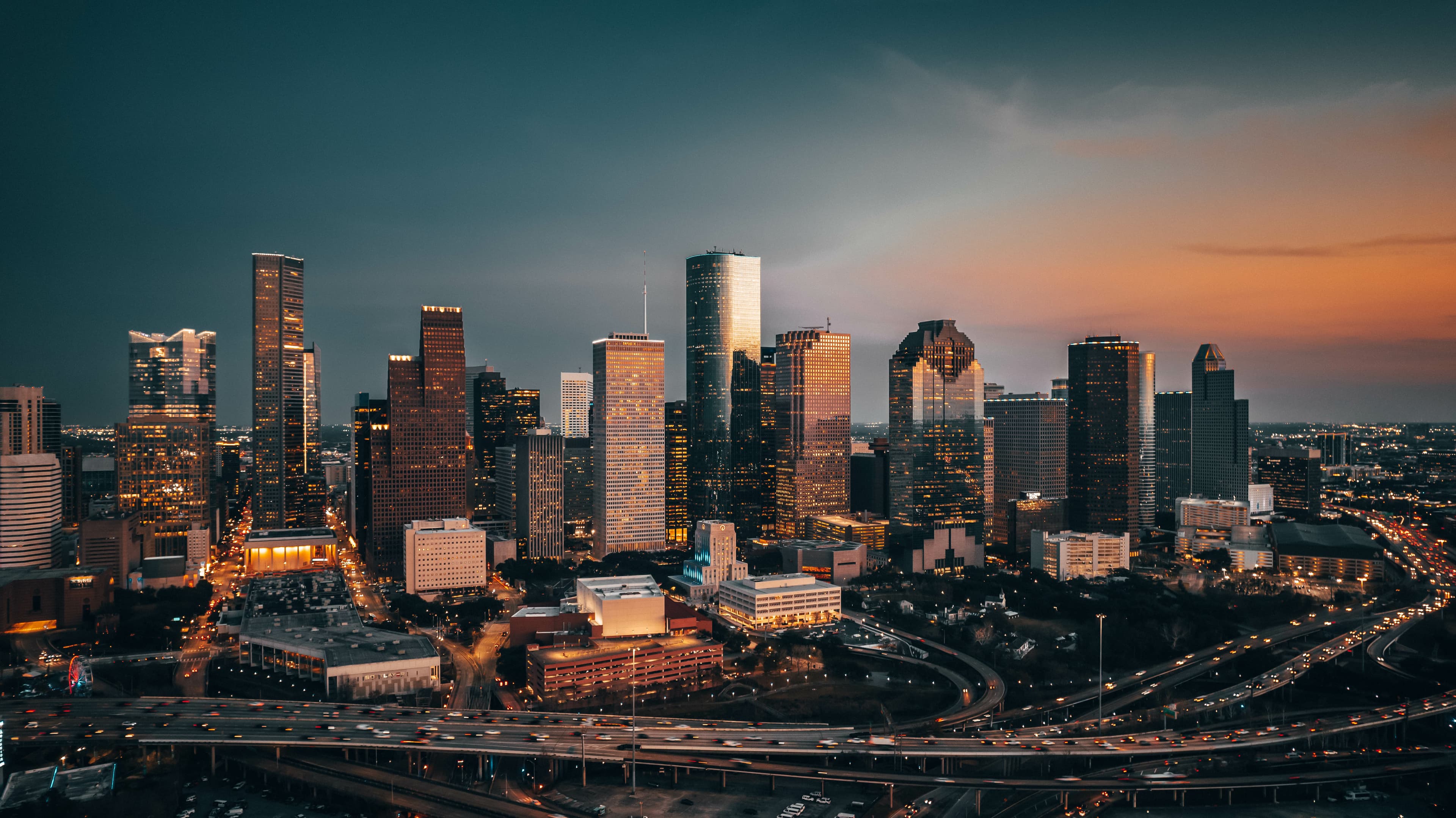 Downtown Houston skyline at sunset