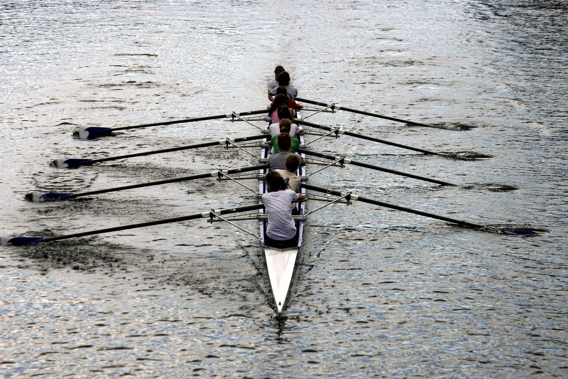 A rowing crew pulling together in sync