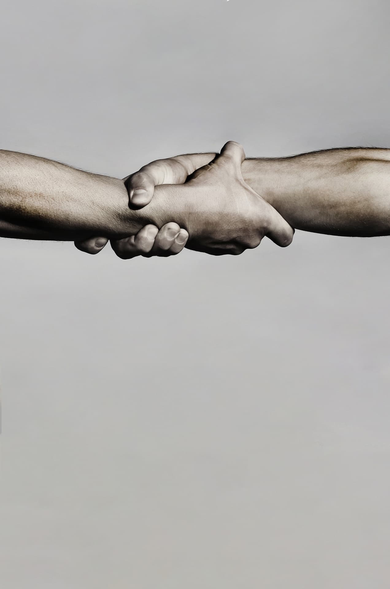Two people clasping each other's forearms in a firm, mutual grip
