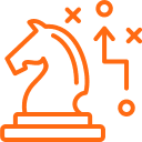 Line-art icon of a chess knight with directional arrows representing strategy