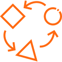 Line-art icon of shifting geometric shapes representing transformation