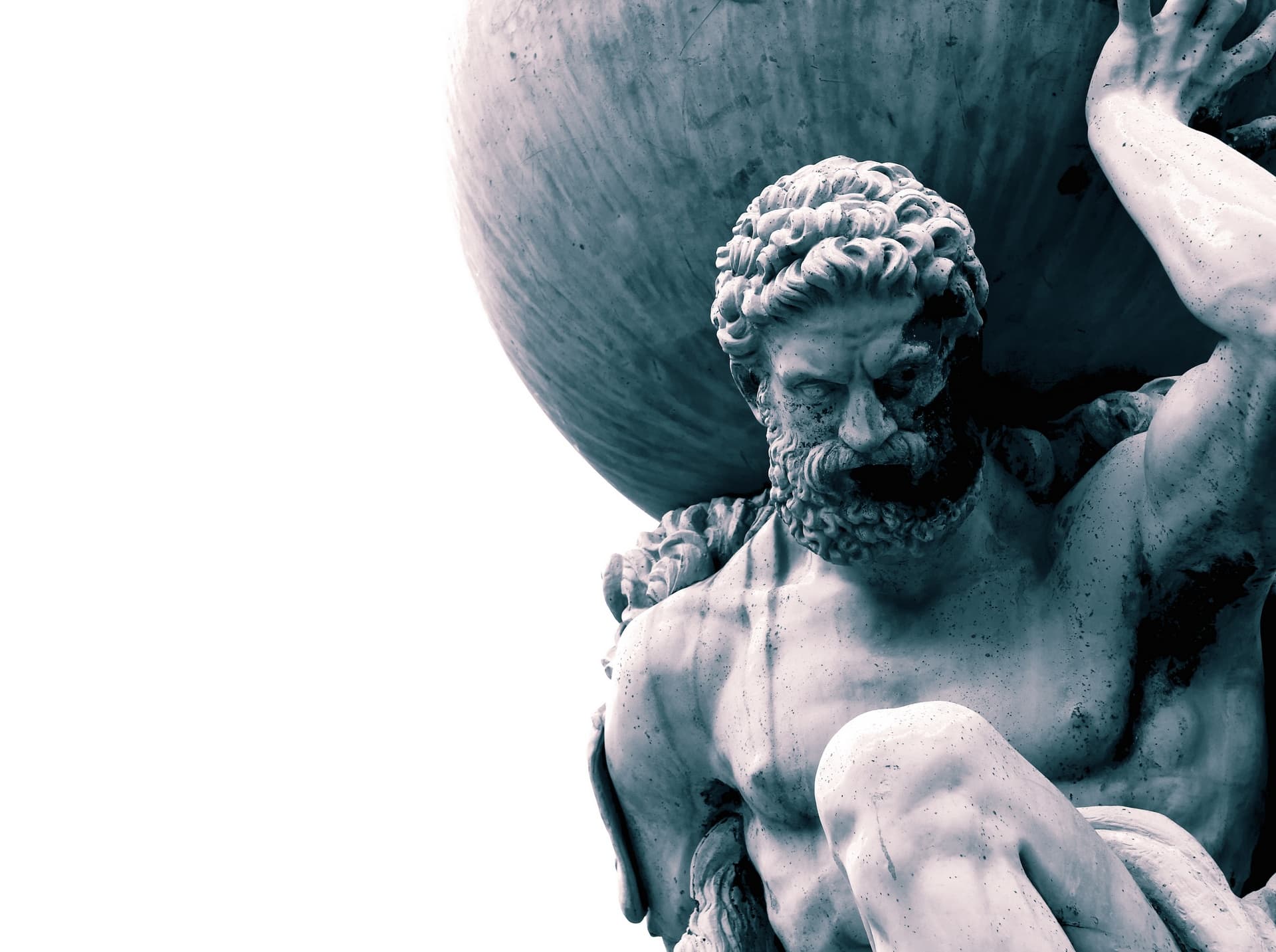 A figure shouldering a heavy globe, evoking the myth of Atlas